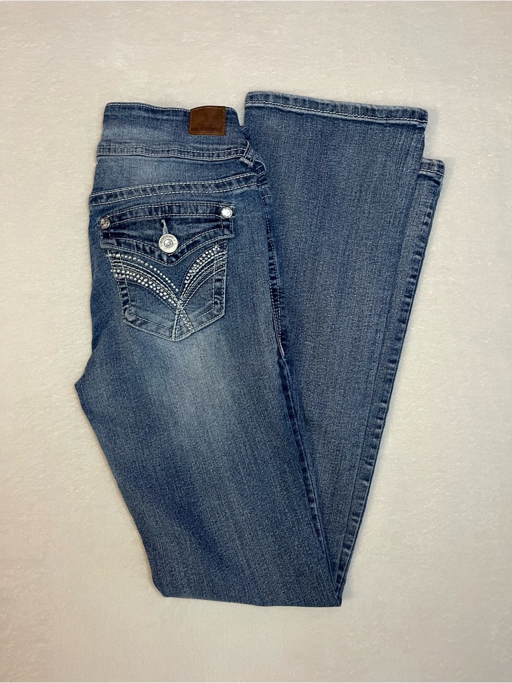 Wallflower Medium Blue Bootcut Jeans with Rhinestone Pocket